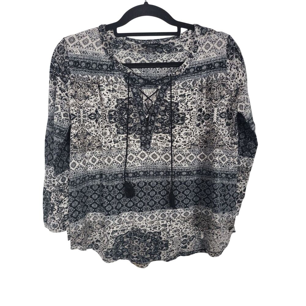Lucky‎ Brand Blouse S/P Womens Long Sleeve V neck Black White Boho Pullover Top